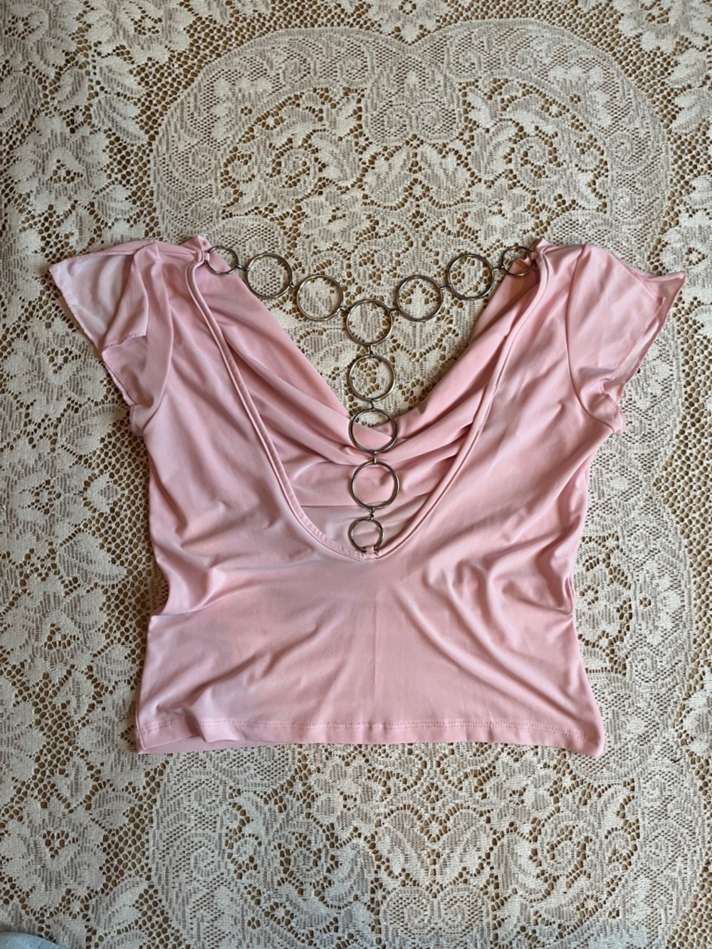 ENT Entrancy Y2K Cowl Neck Backless Chain Detail Top, Pink & Silver, Size M